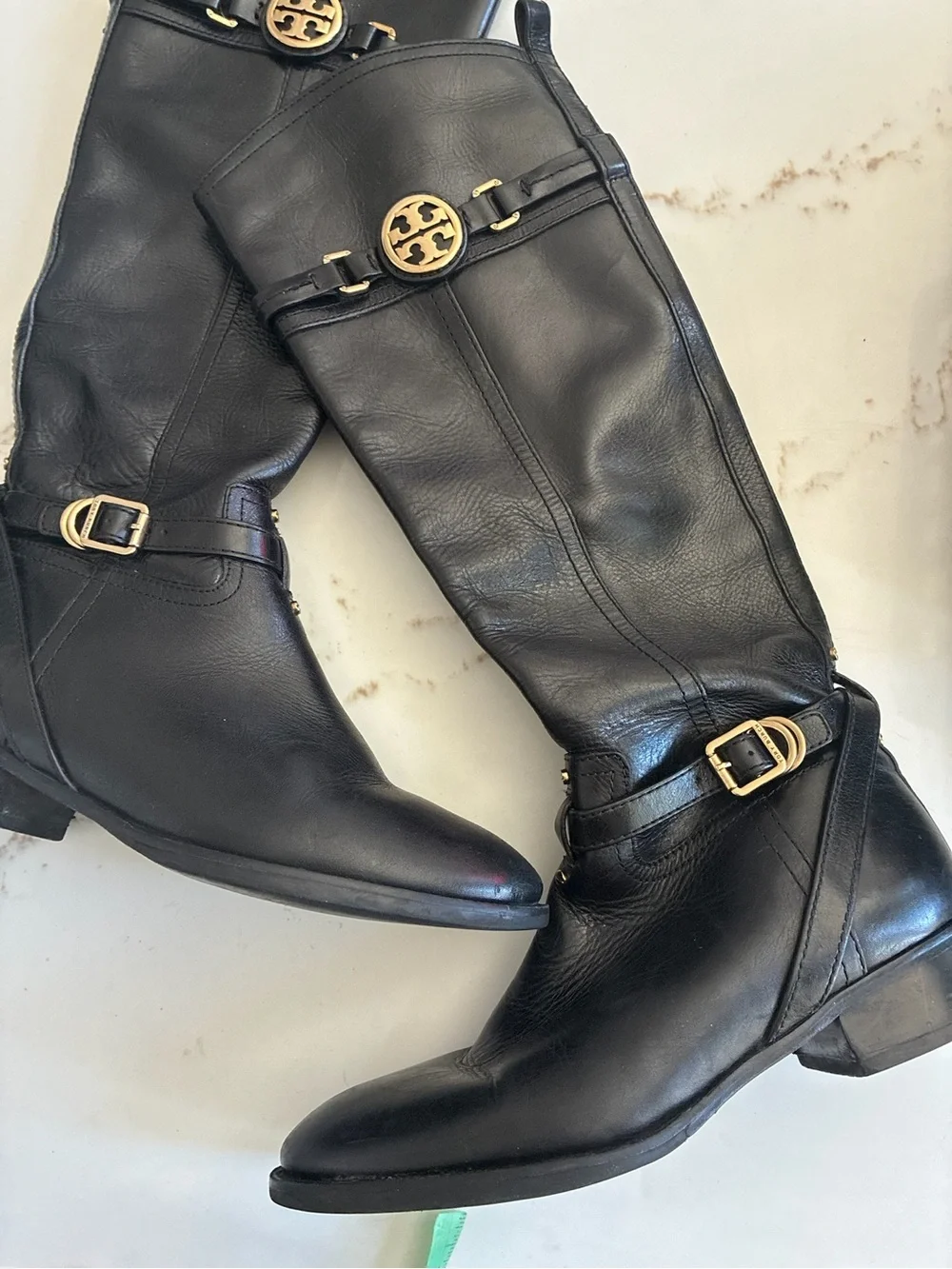 Tory Burch Black Leather Knee-High riding Boots with Gold Logo Accents